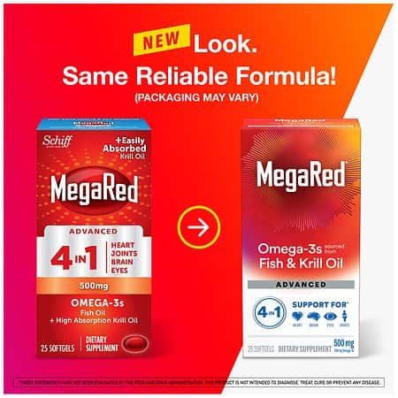 MegaRed Advanced 4-in-1 500 mg Concentrated Omega-3 Fish & Krill Oil Supplement – 25 Softgels