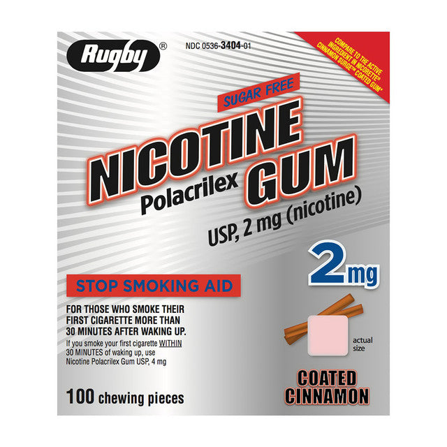 Rugby Sugar Free 2 Mg Nicotine Polacrilex Gum Coated Cinnamon Chewable Pieces, Stop Smoking Aid, 100 Ea