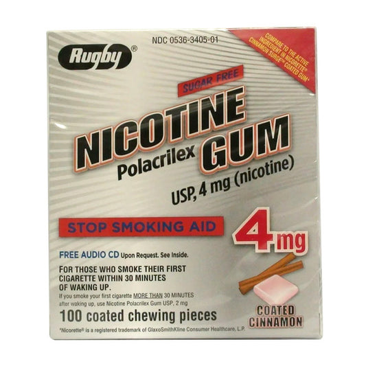 Rugby Sugar Free 4 Mg Nicotine Polacrilex Gum Coated Cinnamon Chewable Pieces, Stop Smoking Aid, 100 Ea