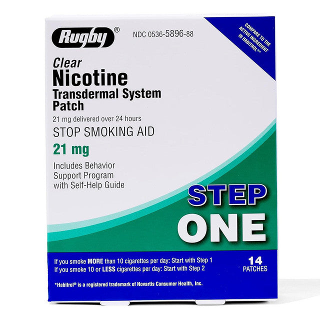 Rugby Step 1 Clear Nicotine Transdermal System 21 mg, Stop Smoking Aid Patches, 14 Ea