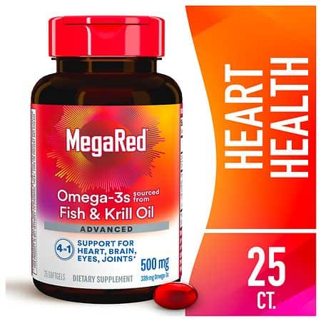 MegaRed Advanced 4-in-1 500 mg Concentrated Omega-3 Fish & Krill Oil Supplement – 25 Softgels