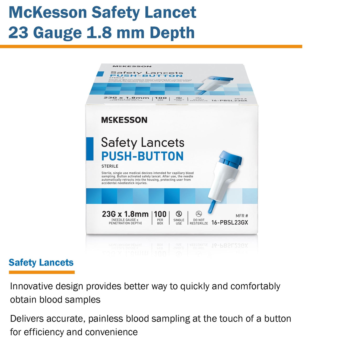 McKesson Safety Lancets, Pressure-Activated - 23 Gauge Needle, 1.8mm Depth, 100 Count, 1 Pack