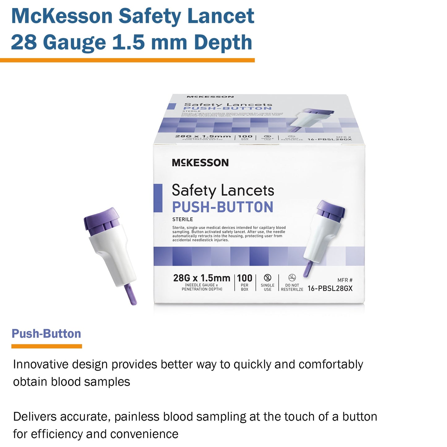 McKesson Safety Lancets, Pressure-Activated - 28 Gauge Needle, 1.5mm Depth, 100 Count, 1 Pack