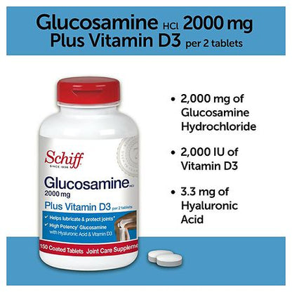 Schiff Glucosamine with Vitamin D3 and Hyaluronic Acid – 150 Tablets