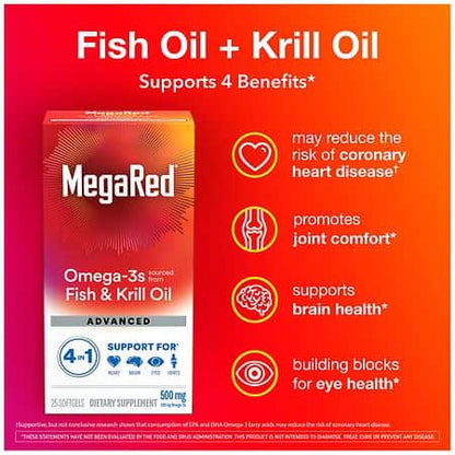 MegaRed Advanced 4-in-1 500 mg Concentrated Omega-3 Fish & Krill Oil Supplement – 25 Softgels