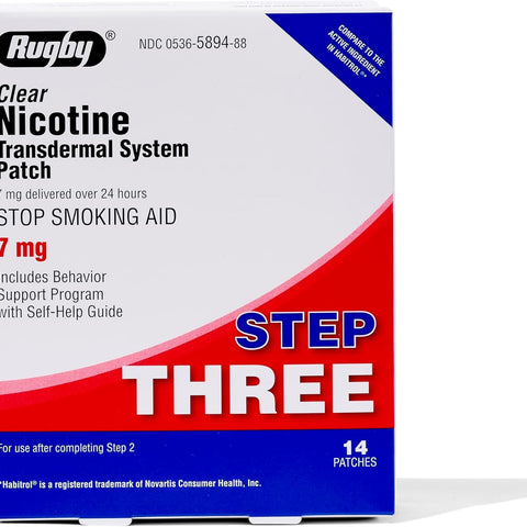 Rugby Clear Nicotine Patches - Transdermal System Patch - Smoking or Vaping Quitting Aid - Step 3-7mg - 14 Count