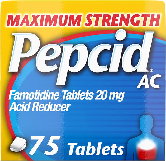 Pepcid AC Maximum Strength Heartburn Relief Tablets, Prevents & Relieves Heartburn Due to Acid Indigestion & Sour Stomach, 20mg of Famotidine to Reduce & Control Acid, Fast-Acting, 75 Ct