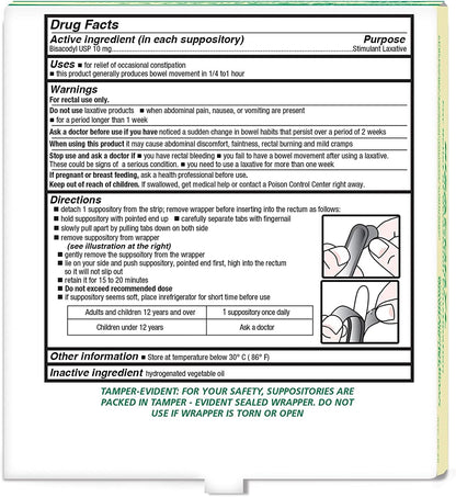 Bisacodyl Suppositories, 10 mg, Box of 100's