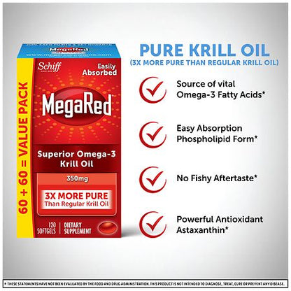 MegaRed 350mg Superior Omega-3 Krill Oil Softgels – 120 Count