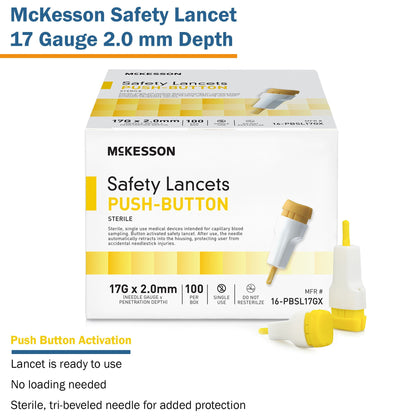 McKesson Safety Lancets, Pressure-Activated - 17 Gauge Needle, 2.0mm Depth, 100 Count, 1 Pack