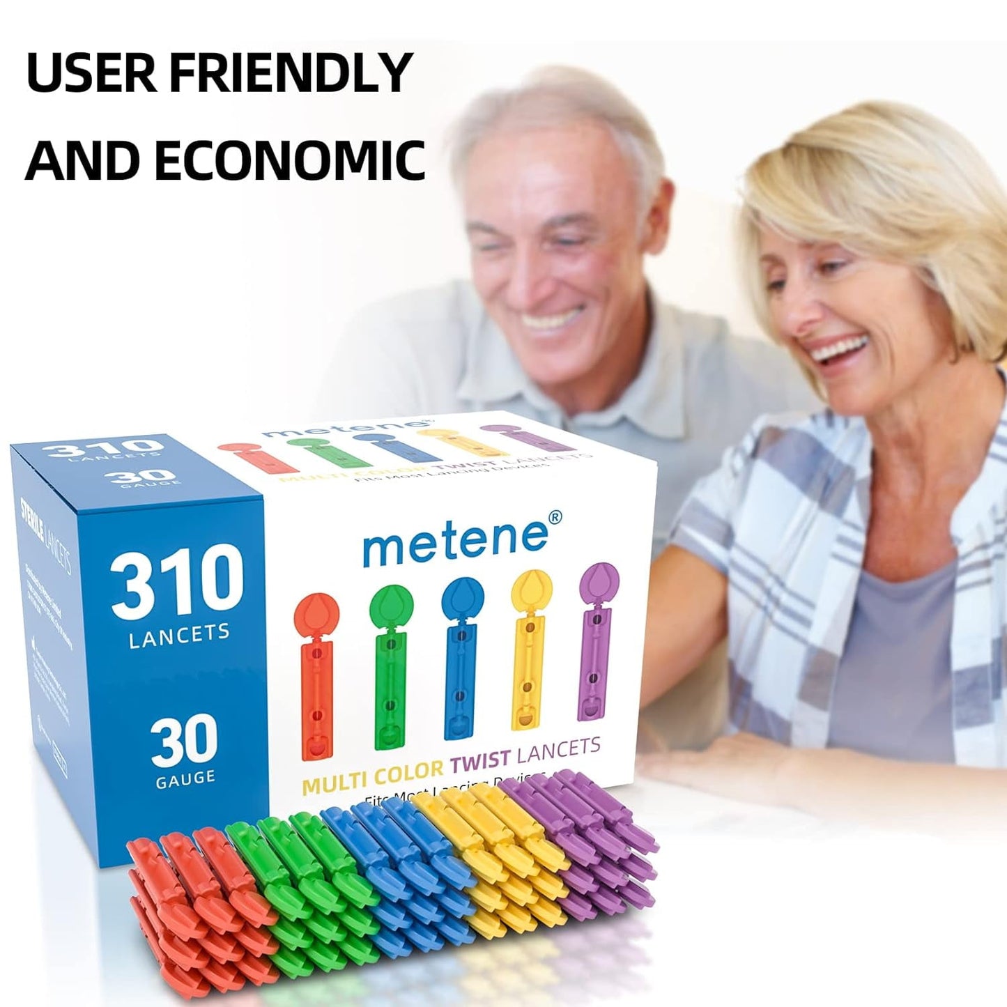 Metene Twist Top Lancets, 310-Count, 30-Gauge Diabetic Test Lancets, Multicolored