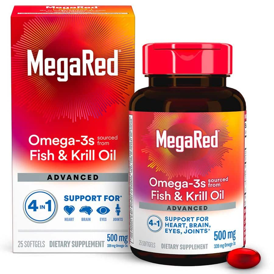 MegaRed Advanced 4-in-1 500 mg Concentrated Omega-3 Fish & Krill Oil Supplement – 25 Softgels