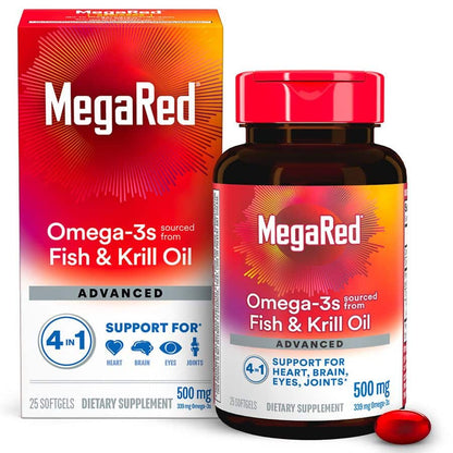 MegaRed Advanced 4-in-1 500 mg Concentrated Omega-3 Fish & Krill Oil Supplement – 25 Softgels