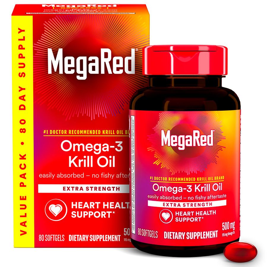 MegaRed 500mg Extra Strength Omega-3 Krill Oil Supplement Softgels – 80 Count