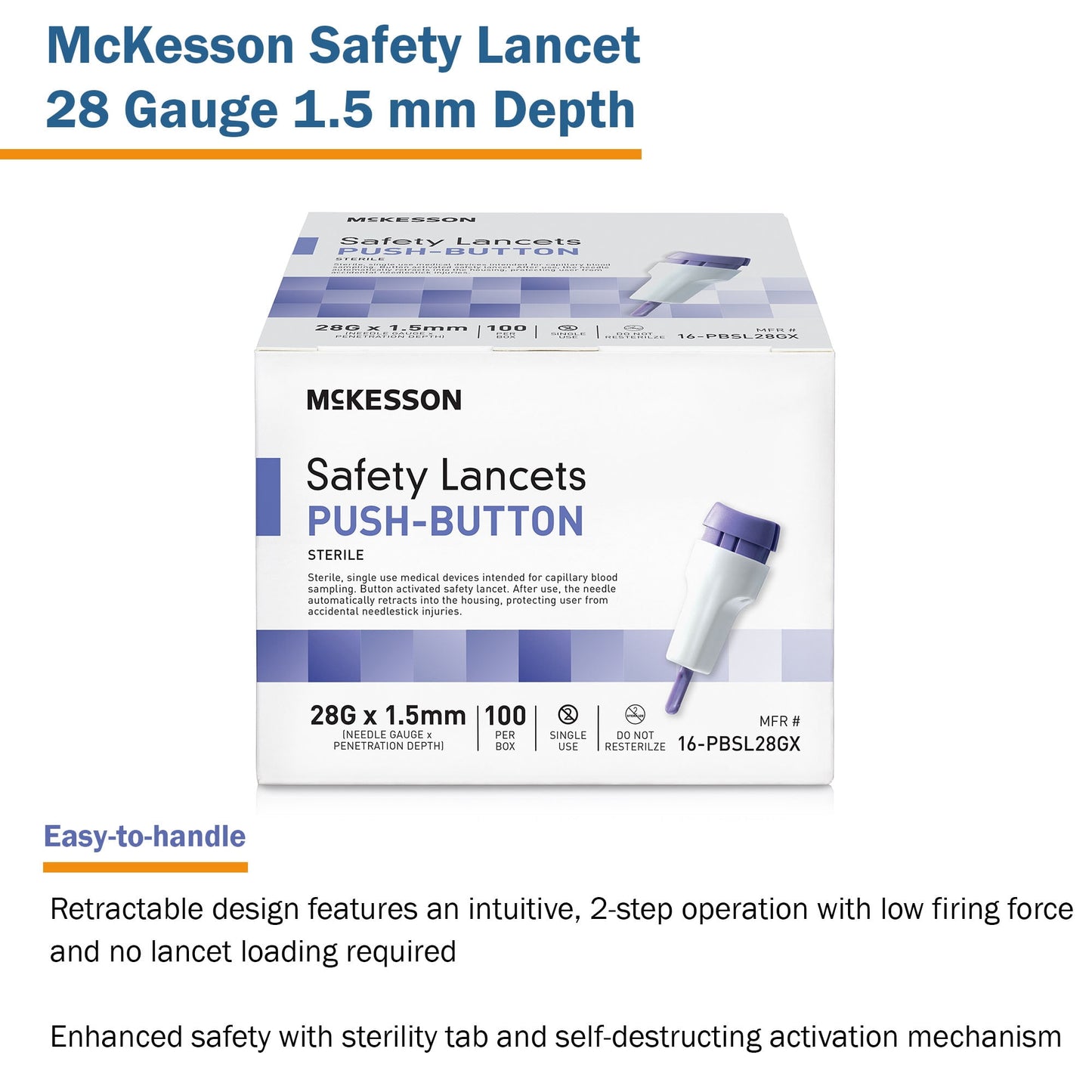 McKesson Safety Lancets, Pressure-Activated - 28 Gauge Needle, 1.5mm Depth, 100 Count, 1 Pack