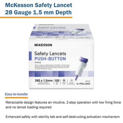 McKesson Safety Lancets, Pressure-Activated - 28 Gauge Needle, 1.5mm Depth, 100 Count, 1 Pack