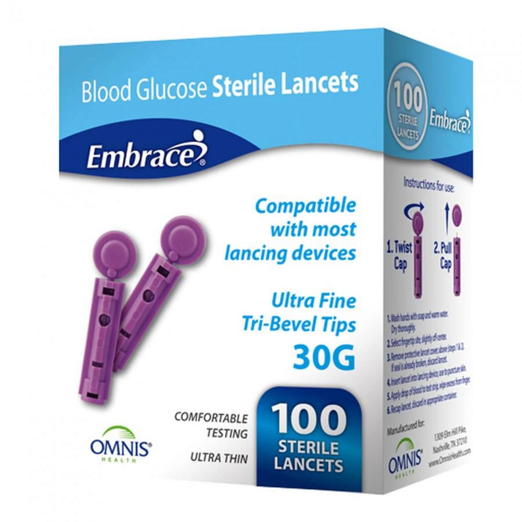 Embrace Ultrafine Lancets, 30 gauge Needle, Sterile, 100 Count