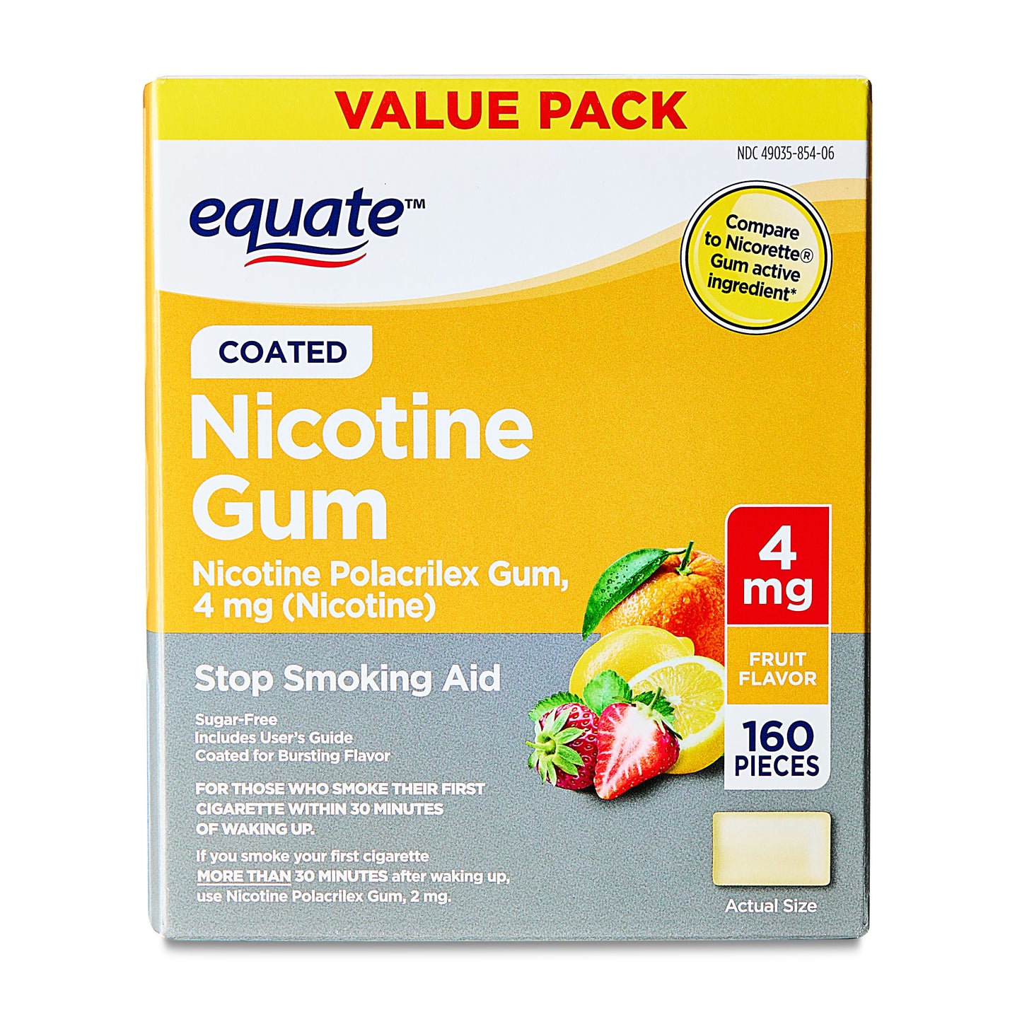 Equate Coated Polacrilex Nicotine Gum, 4 mg, Fruit Flavor, Stop Smoking Aid, 160 Count