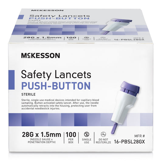 McKesson Safety Lancets, Pressure-Activated - 28 Gauge Needle, 1.5mm Depth, 100 Count, 1 Pack