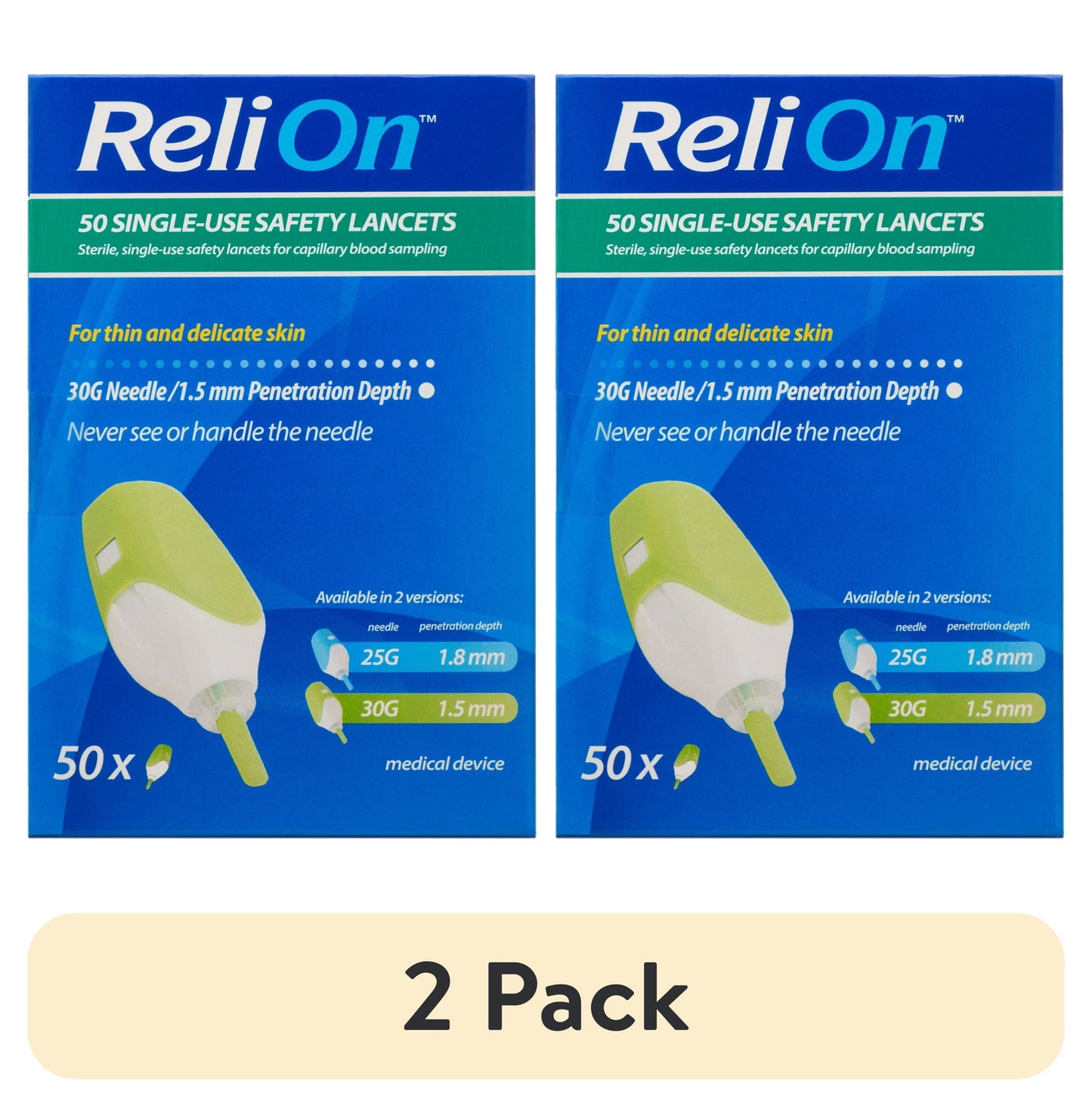 ReliOn (2 Pack) 30 Gauge Needle 2-in-1 Lancing Device for Sensitive Skin - 50 Count