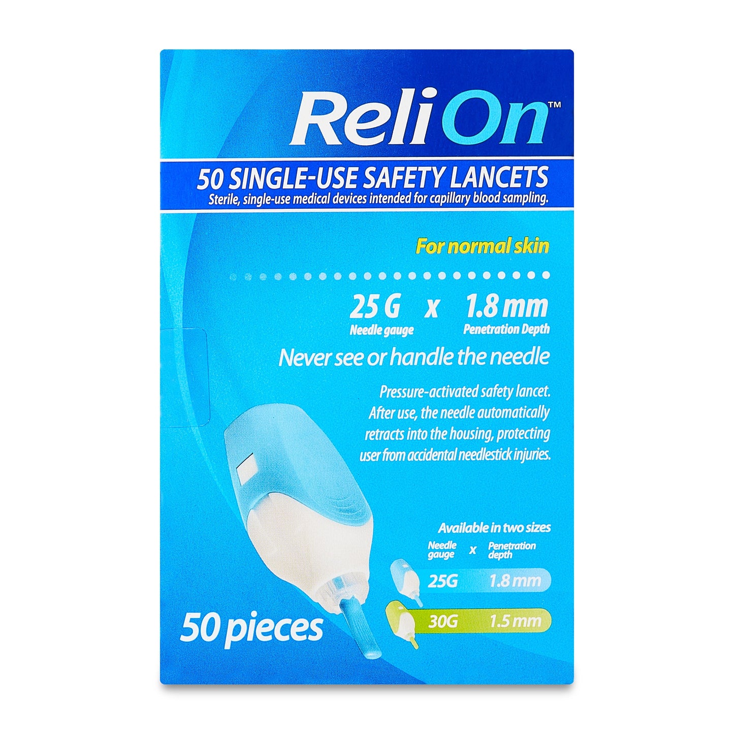 ReliOn Single-Use 2-in-1 Lancing Device, 25G Needle for Normal Skin, 50 Count