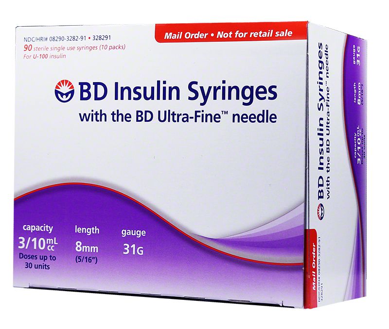 BD Ultra Fine U-100 Insulin Syringes. 3/10cc x 8mm x 31G x 90 Count.