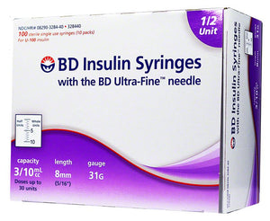 BD Insulin Syringes with BD Ultra-Fine™ needle, size 8mm x 31G x 3/10cc