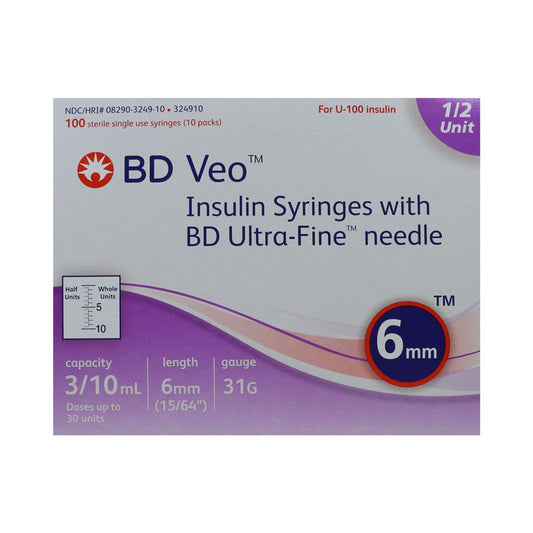 Seringues à insuline BD Veo™ avec aiguille BD Ultra-Fine™ 6 mm x 31 G, échelle d'une demi-unité de 3/10 ml/cc