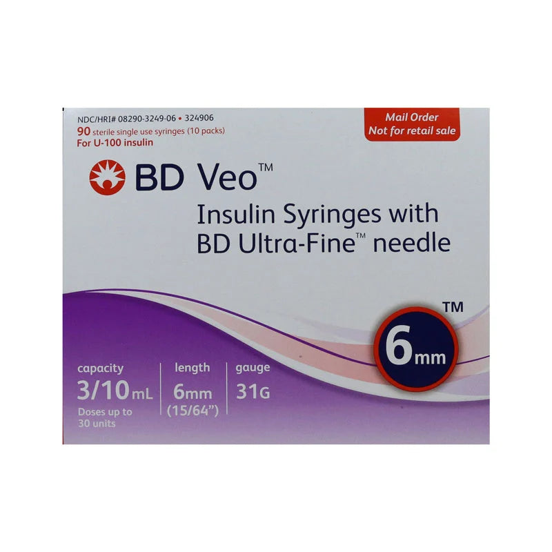 BD Veo™ insulin syringes with BD Ultra-Fine™. 6mm, x 31G,  3/10ML, 90 Count