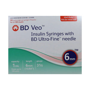 BD Veo™ Insulin Syringes with BD Ultra-Fine™ Needle 6mm x 31G 1mL/cc  90 Count