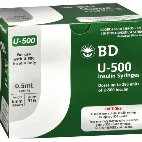 BD U-500 Insulin Syringes 6mm x 31G 1/2 mL/cc 100 Counts #326730