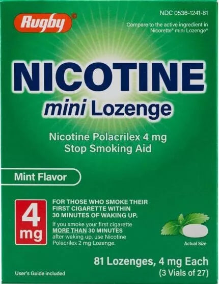 Rugby Nicotine Mini Lozenge Polacrilex Stop Smoking Aid 4 Mg, Mint Flavor, 81 Ea